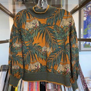 Anthropologie Green and Orange Tiger Print Turtleneck Sweater